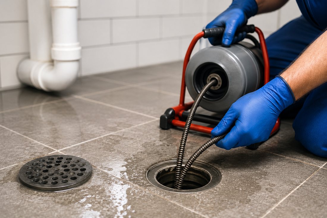 Plumber clearing a floor drain with a drain snake